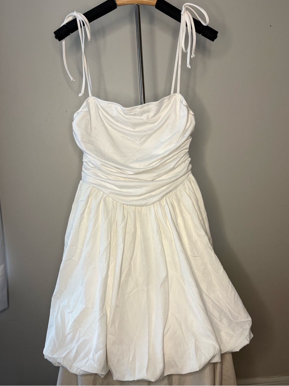 White Tie-Shoulder Ruched Bodice Mini Dress